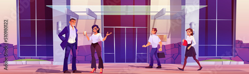 Company employees walk to office in business center. Vector cartoon illustration of people at entrance of modern city building with glass canopy and double doors