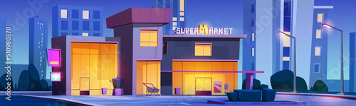 Supermarket building exterior on night city street. Vector cartoon illustration of cityscape with modern store facade with pharmacy and shopping cart on parking