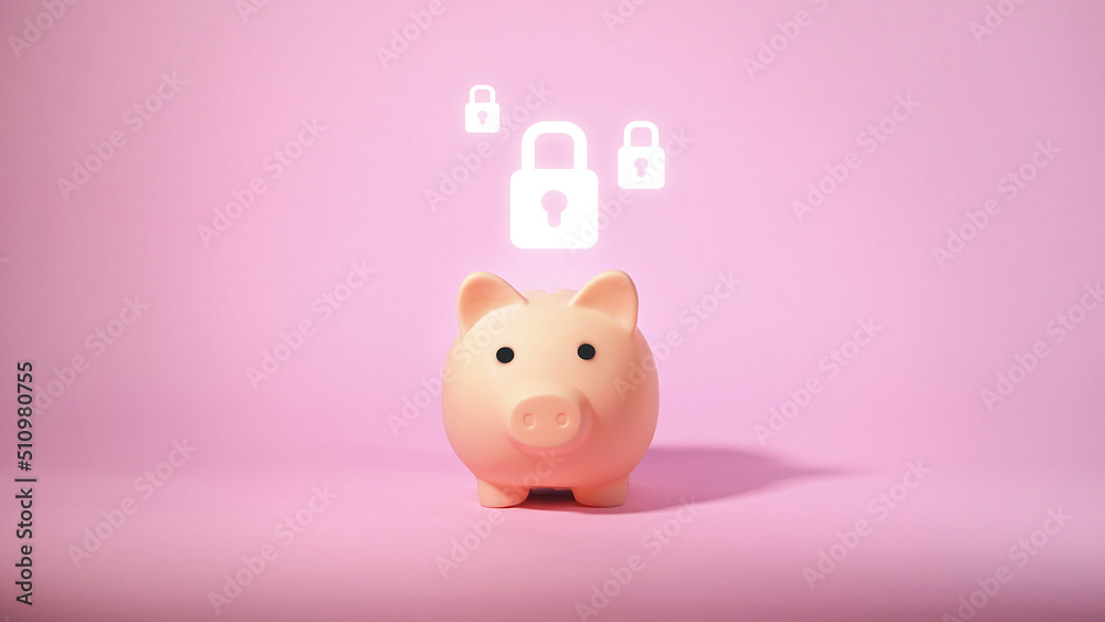 Piggy bank and key lock icon. Security money concept. Piggy bank and key lock icon. Security money concept.