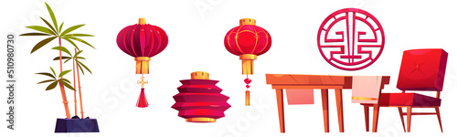 Chinese or japanese restaurant room with furniture for tea ceremony. Vector cartoon illustration of asian traditional red lantern, table, chair and bamboo in pot isolated on white background