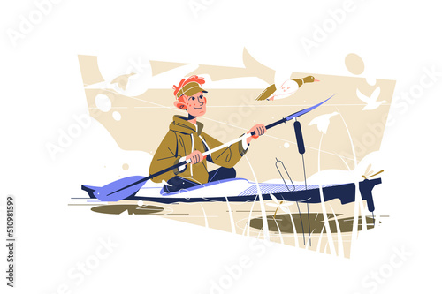 Guy kayaking on river in wild nature