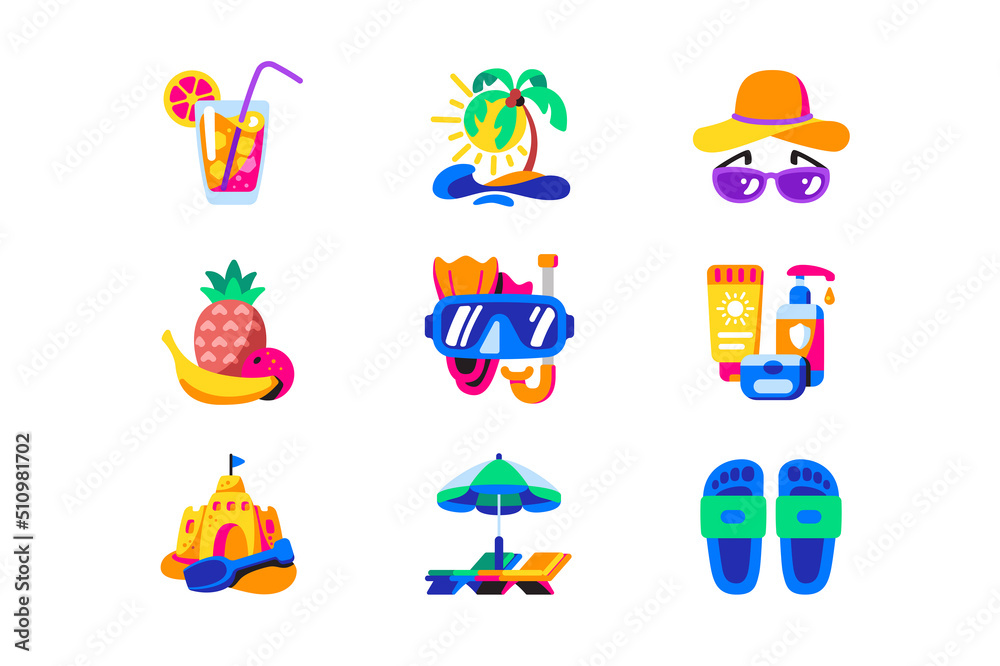 Summer beach vacation, time to rest icons set