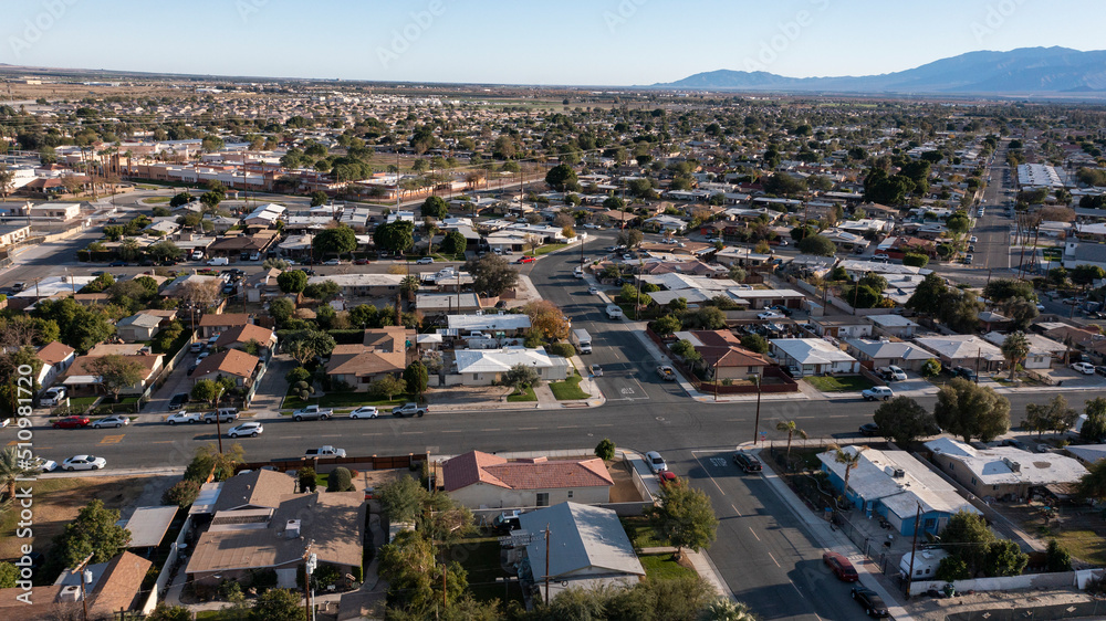 Afternoon view of the downtown urban core of Coachella, California, USA.