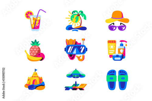 Summer beach vacation, time to rest icons set