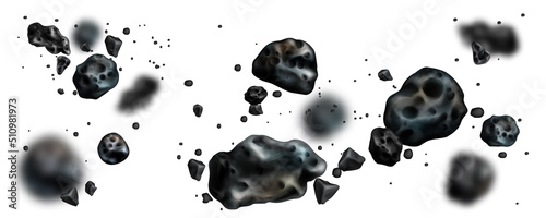 Stone asteroid belt realistic vector illustration. Meteor, space boulder or rock with craters flying in weightlessness isolated icon set on white background, various form