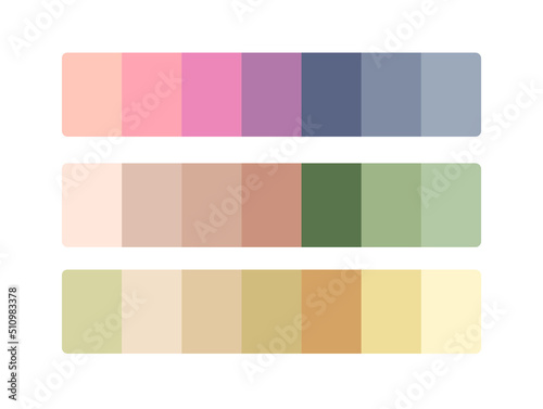 Matching color palette guide swatch catalog collection with RGB HEX color code combinations. Suitable for Branding. 3 sets of pink green brown mix warm gradient color palettes each contain 7 colors.