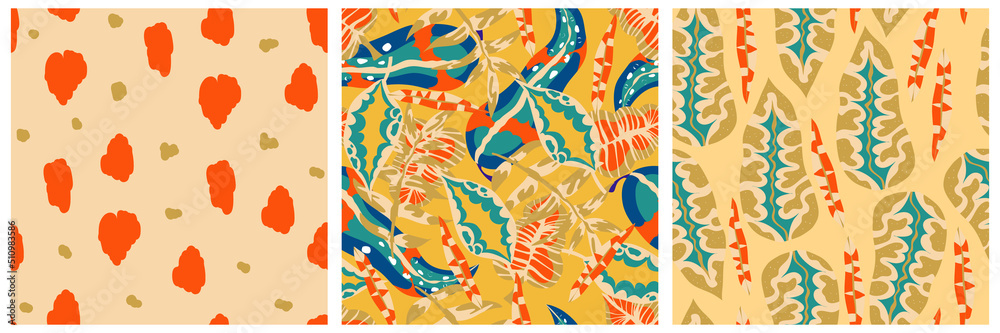 Aesthetic boho jungle seamless pattern set for print design. Boho botanical collection tropic floral background. Modern exotic floral jungle pattern. Geometric texture. Print design Aesthetic boho jungle seamless pattern set for print design. Boho botanical collection tropic floral background. Modern exotic floral jungle pattern. Geometric texture. Print design
