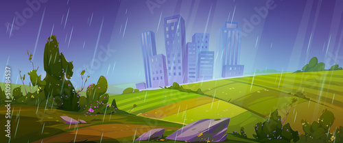 Summer scene with fields and city on skyline in rain. Vector cartoon illustration of countryside landscape with farm lands, green bushes, path and town at rainy weather