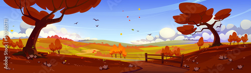 Autumn rural landscape with orange trees, agriculture fields, road and fence. Vector cartoon illustration of nature scene, countryside panorama with farmlands in fall