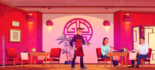 Man waiter services couple in chinese restaurant. Vector cartoon illustration of man and girl have dinner in china cafe. Asian interior with furniture, red lanterns and folding screen