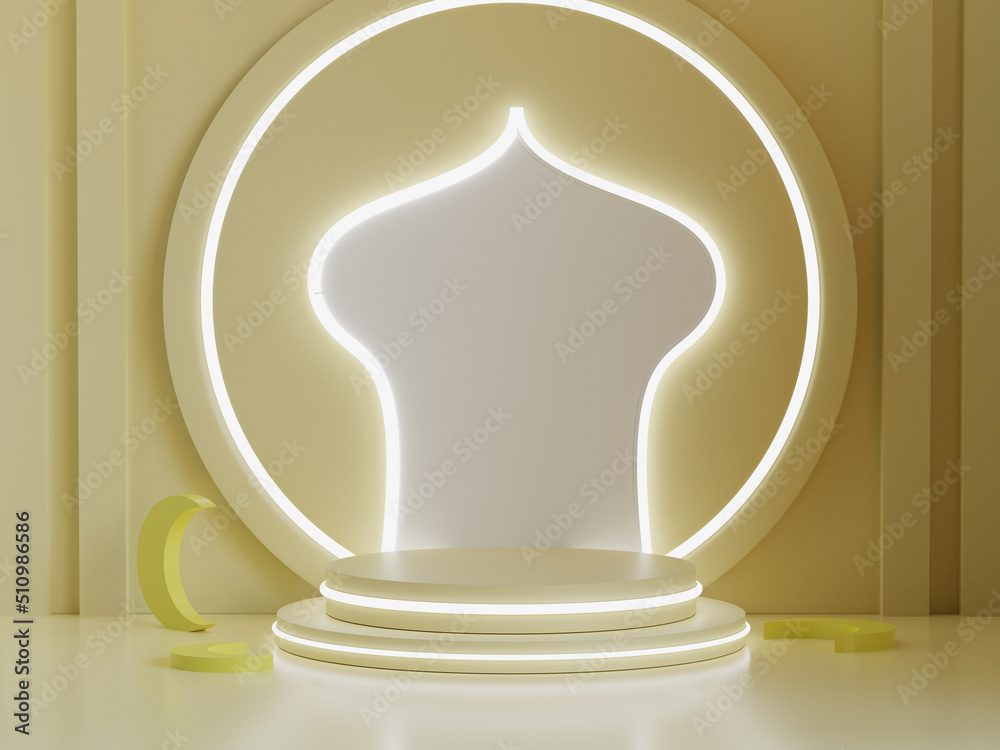 Islamic podium product, with neon light,crescent moon renderings Islamic podium product, with neon light,crescent moon renderings