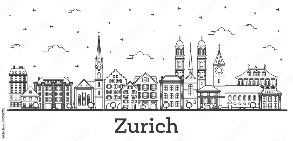 Outline Zurich Switzerland City Skyline with Historic Buildings Isolated on White.