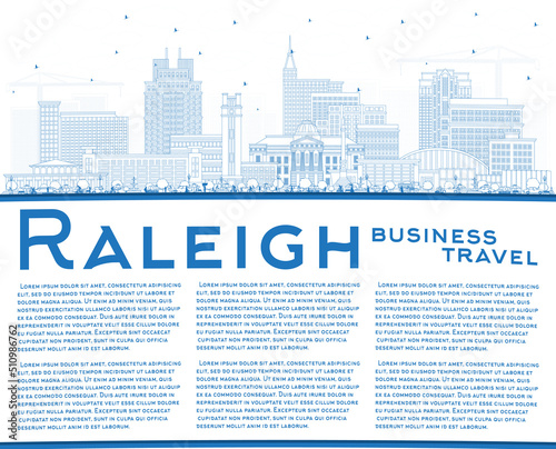 Outline Raleigh North Carolina City Skyline with Blue Buildings and Copy Space.