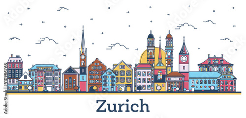Outline Zurich Switzerland City Skyline with Colored Historic Buildings Isolated on White.