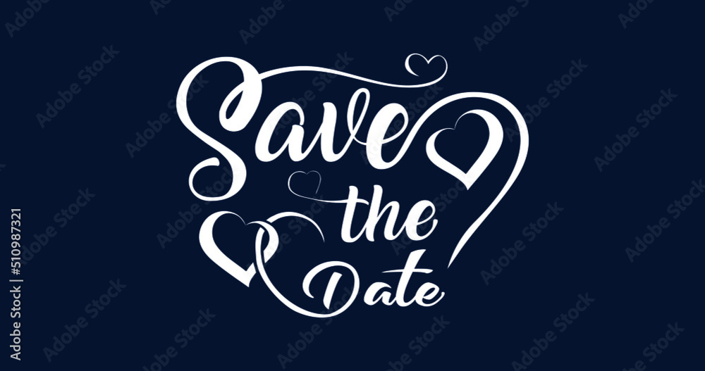 Save the date handwriting in white color with hearts symbol on the dark blue background. This vector suitable for wedding invitations and wedding card