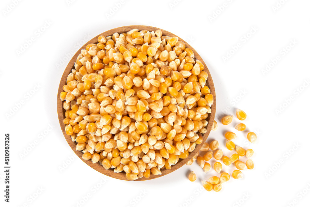 dry corn in plate isolated on white background.Unpopped popcorn dry corn in plate isolated on white background.Unpopped popcorn