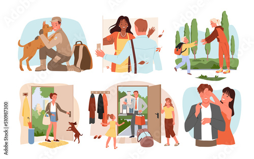 Happy people return home set vector illustration. Cartoon man and woman homecoming from trip vacation, work or army, standing at open door, family and dog meeting person in doorway with hugs