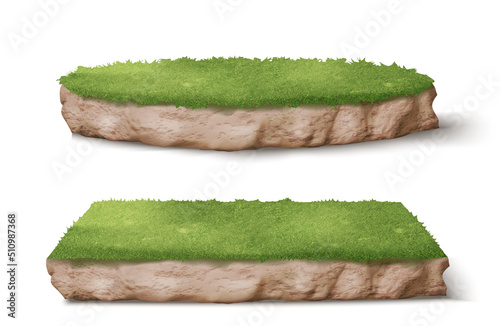 Land pieces with green grass realistic vector illustration. Trimmed round and square park or garden plots with soil and plants, perspective view isolated on white background