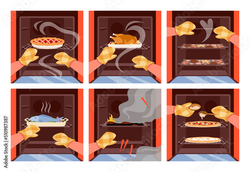 Different baked food in opened oven. Cooking cake, roasted chicken and homemade pizza, freshly baked cookies, smoke from overcooked dish, removing hot tray vector illustration