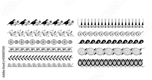 Ornate borders in greek style isolated clip art bundle, border frames with geometric meander ornament, decorative lines of Greece motifs, black and white hand drawn elements vector