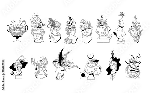 Mystical and floral antique greece sculptures of gods and goddess, vector black white line celestial silhouettes of ancient Greece bust statues, fantasy botanical hand drawn isolated clip arts photo