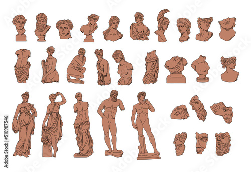 Antique Greek solid terracotta color sculptures of gods, goddess and heros, vector silhouettes ancient statues of men and women figures, bust and full body, hand drawn isolated clip art kit photo