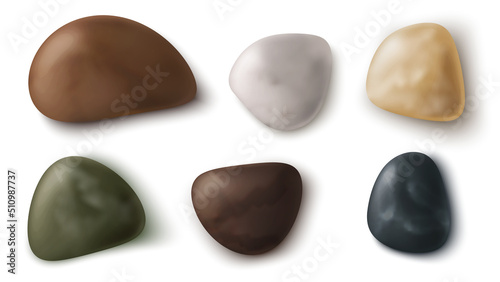 Sea or river beach pebble stone 3d isolated vector illustration. Ocean coast small rocks or smooth boulder various color and shape, realisric icon set on white background