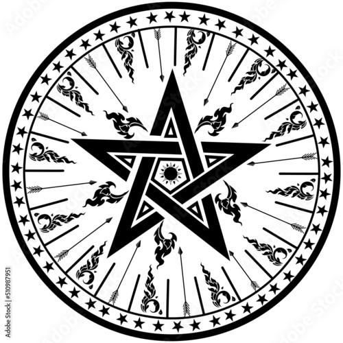 Vector Symbol, Mystical Spiritual Tattoo Symbol, Illustration Of Spiritual Religious Symbols. warriors and weapons arrows or darts witchcraft, occult, alchemy, mysterious vintage.