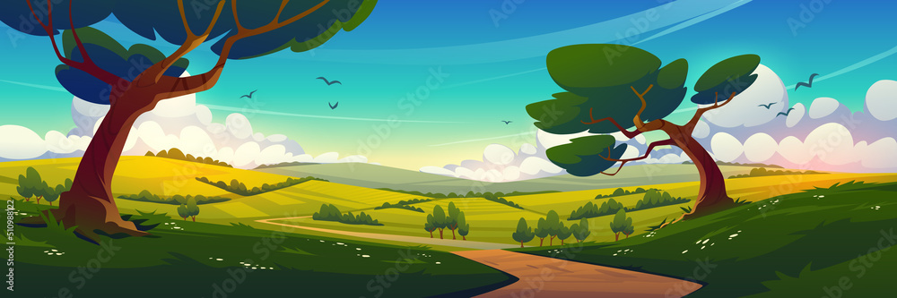 Summer nature landscape with country road and agriculture fields. Vector cartoon illustration of rural countryside of farmland with road and green trees, blue sky and white clouds in horizon