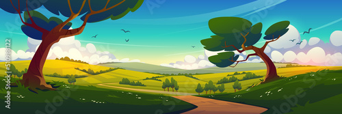 Summer nature landscape with country road and agriculture fields. Vector cartoon illustration of rural countryside of farmland with road and green trees, blue sky and white clouds in horizon