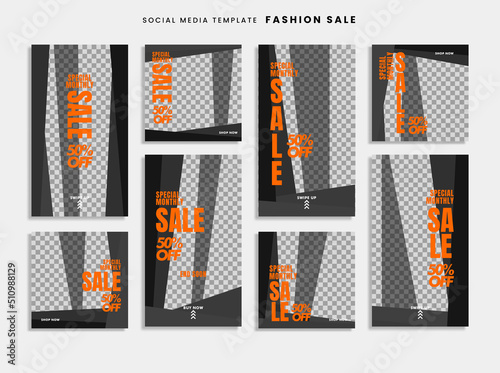 Set of modern social media template fashion sale, with simple, abstract shape, typography, monochrome color.