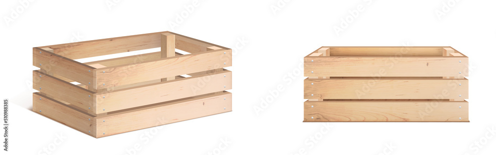 Wooden box or empty crate 3D vector isolated icon. Wood tray for farm fruit or vegetable, timber plank container for market storage, pallet for delivery, top angle view Wooden box or empty crate 3D vector isolated icon. Wood tray for farm fruit or vegetable, timber plank container for market storage, pallet for delivery, top angle view
