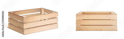 Wooden box or empty crate 3D vector isolated icon. Wood tray for farm fruit or vegetable, timber plank container for market storage, pallet for delivery, top angle view