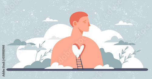 A man without a heart. The concept of psychological childhood trauma, relationship problems, divorce, teen communication problems. Flat cartoon vector illustration, psychological banner.