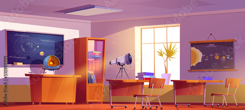 Classroom for astronomy learning in school. Vector cartoon illustration of empty class interior with blackboard and telescope, placard with planets of solar system, globe, furniture and bookcase