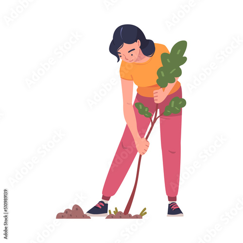 Woman Character Planting Tree Sapling in Soil Taking Care of Planet and Nature Vector Illustration