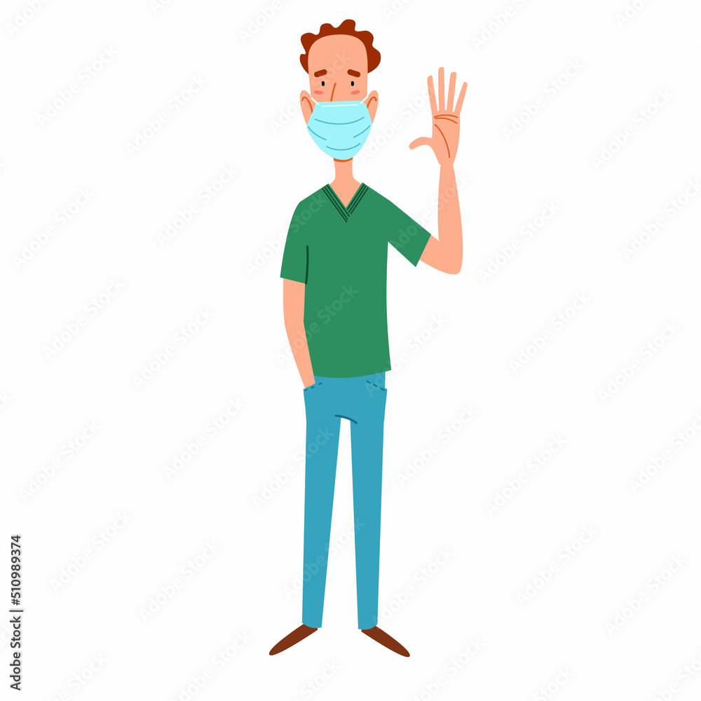 A fashionable thin man in a medical mask greets. Friendly greeting of a young guy. Vector illustration in a flat style, isolated on a white background. A fashionable thin man in a medical mask greets. Friendly greeting of a young guy. Vector illustration in a flat style, isolated on a white background.