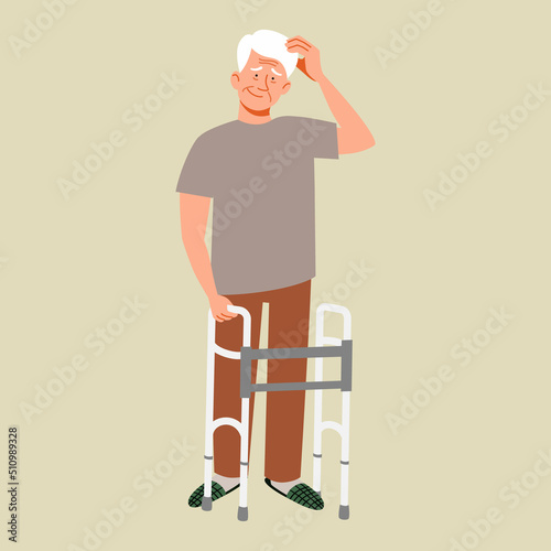 Grandpa with a bowler hat is thinking, trying to remember. An elderly character with Alzheimers disease. Vector illustration in a flat style.