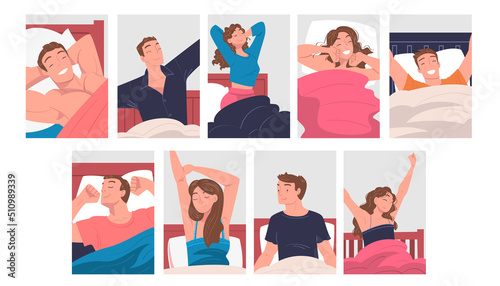 People Character Waking Up Feeling Happy Stretching Out in Bed Getting Up in the Morning Vector Set