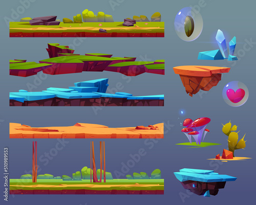 Game ui elements with seamless ground texture, floating islands and items. Vector cartoon set of elements of summer, winter and desert landscapes, blue crystals, cactus, mushroom and heart in bubble