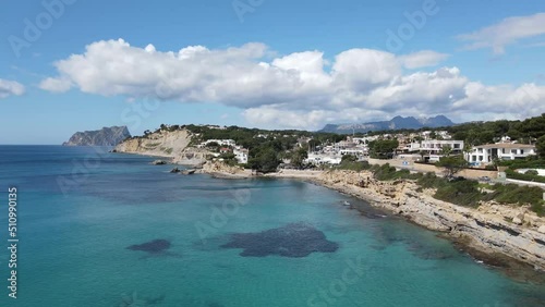 Aerial views from Moraira's coast. Drone video in Moraira, White Coast, Alicante, Spain. Les platgetes, Moraira. 
