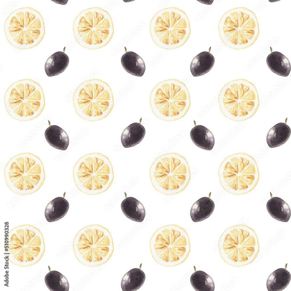 Watercolor seamless background with lemons and olive isolated.