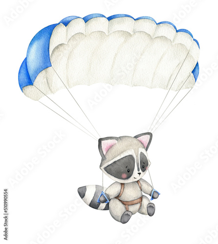Cute little raccoon with blue parachute. Skydiving illustration. Hand painted watercolor design isolated on white background. Cartoon kid character. For posters, prints, cards, background