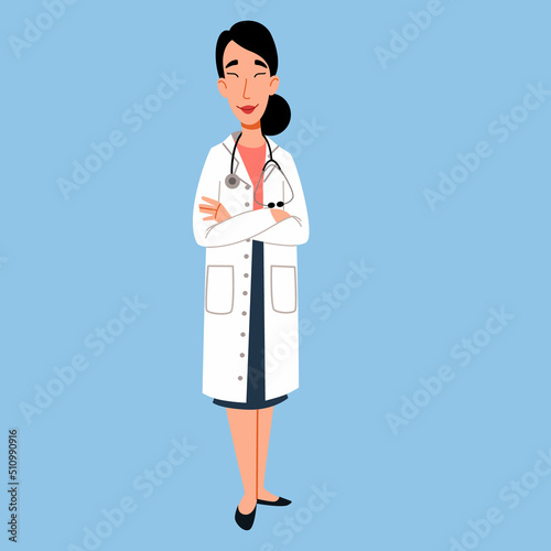 The character of a female doctor of Asian nationality in full growth. Vector illustration in a flat style on the topic of medicine.