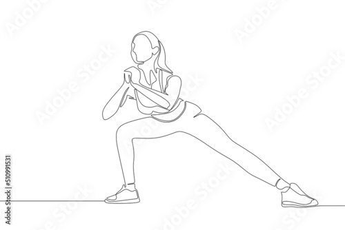 Single continuous line drawing of young sportive woman training in gym. Fitness stretching and exercises concept. One line draw design vector illustration