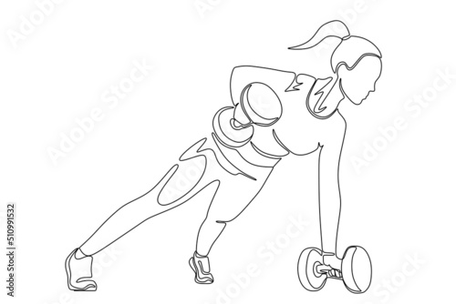 Single continuous line drawing of young sportive woman training in gym. Fitness stretching and exercises concept. One line draw design vector illustration
