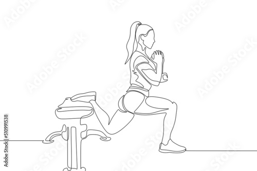 Single continuous line drawing of young sportive woman training in gym. Fitness stretching and exercises concept. One line draw design vector illustration