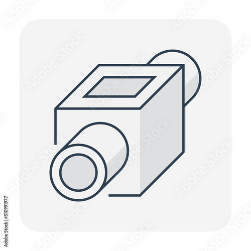 Precast concrete manhole product and sewer pipe vector icon for access to cleaning by construction, install in stormwater, rainwater, wastewater or sewage drainage system by connect to drain gutter.
