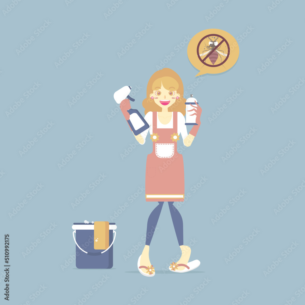 woman wearing glove holding spray and clean solution with bucket, pest control, anti bug and mosquito, cleaning concept, flat character design clip art vector illustration cartoon woman wearing glove holding spray and clean solution with bucket, pest control, anti bug and mosquito, cleaning concept, flat character design clip art vector illustration cartoon