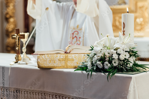 Close up view of a the altar of a church during a wedding ceremony. Wedding and religion concept.